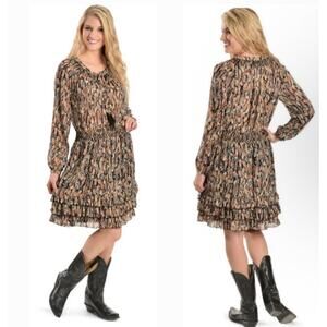 Scully Feather Print Dress Long Sleeve Tiered Mini‎ Western Country Festival XL